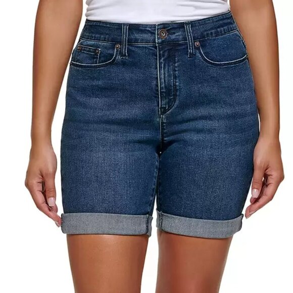 NWT DKNY Jeans Women's Bermuda Mid Rise Turned Up Hem Shorts Blue Denim size 10 - Picture 1 of 6